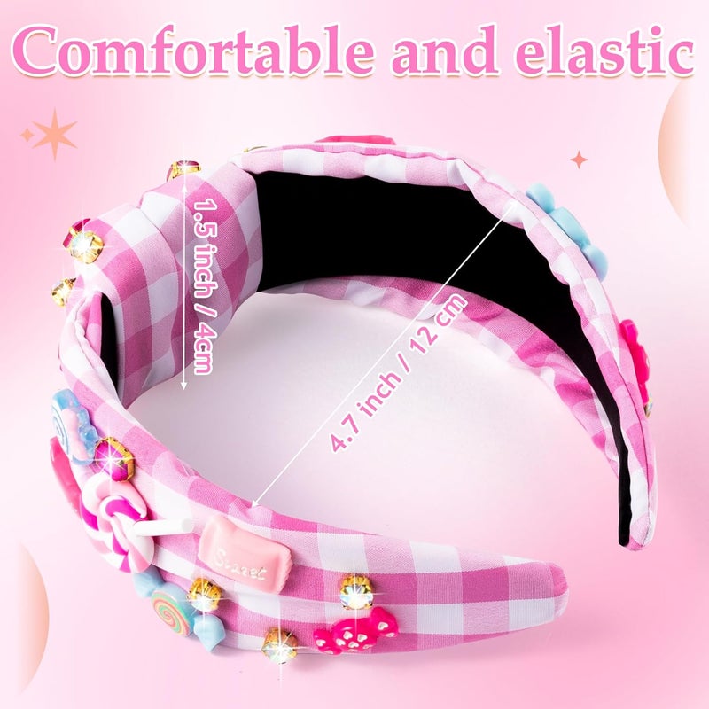 PANTIDE Candy Jeweled Knotted Headband - Christmas Sugar Lollipop Rhinestone Crystal Embellished Preppy Headband Wide Top Knot Hairband Hair Accessories Birthday Gift for Women Girls (Pink Plaid) - Image 2
